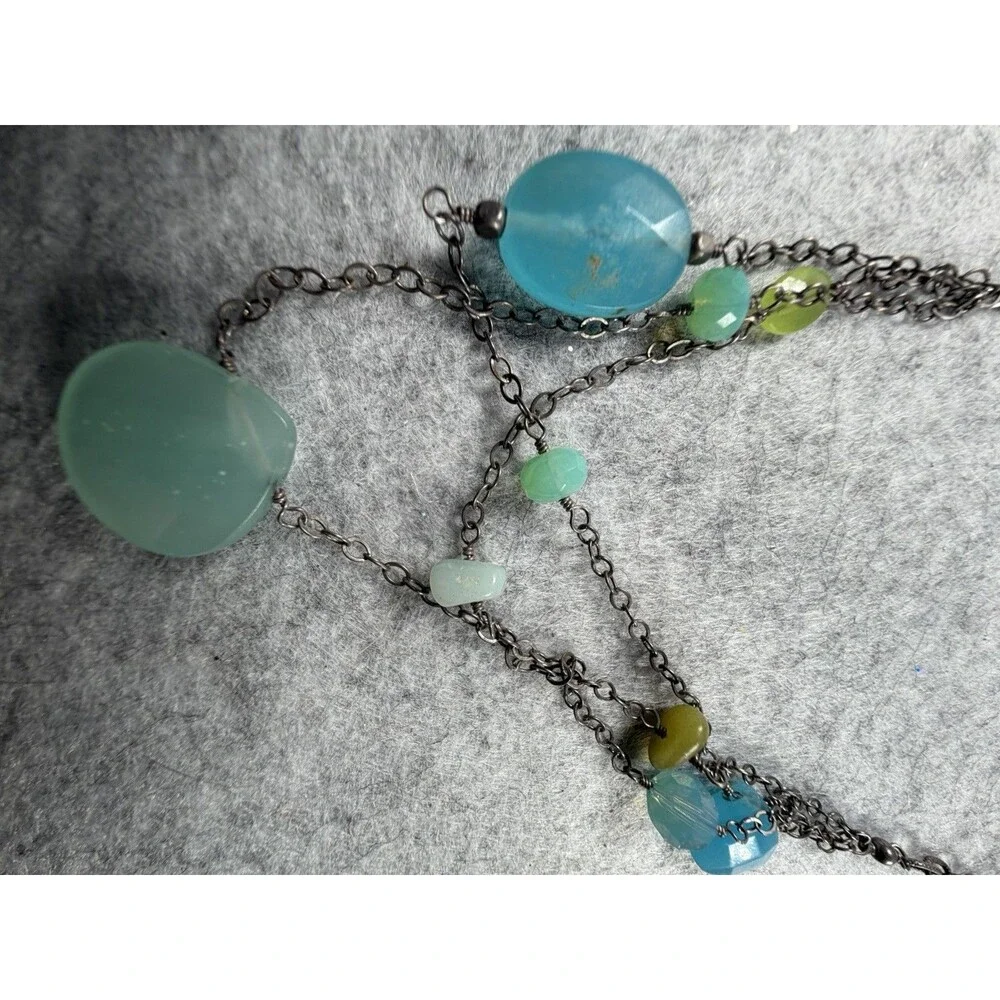 Vintage Y2K Boho Layered Chain Necklace Aqua Green Beads Artisan Statement